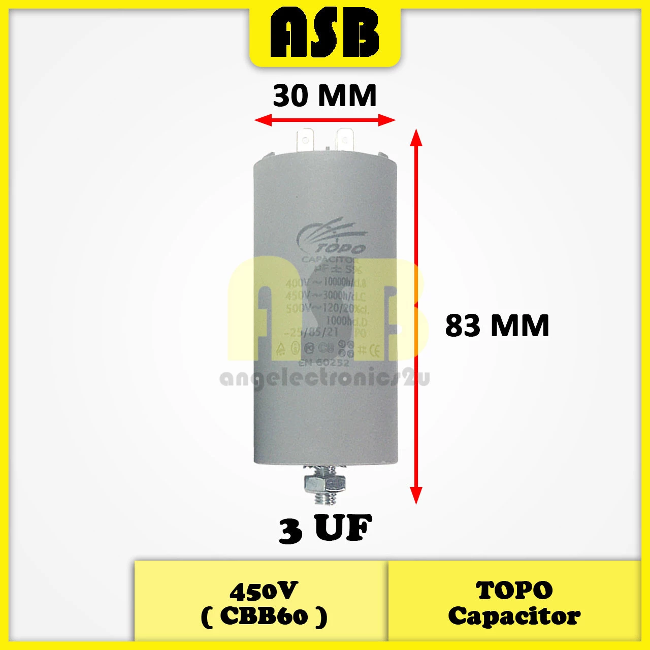 (1pc) TOPO Capacitor 450V ( CBB60 ) ( 3UF , 4UF , 5UF , 6UF , 7.5UF , 8UF , 9UF , 10UF , 12UF , 18UF )