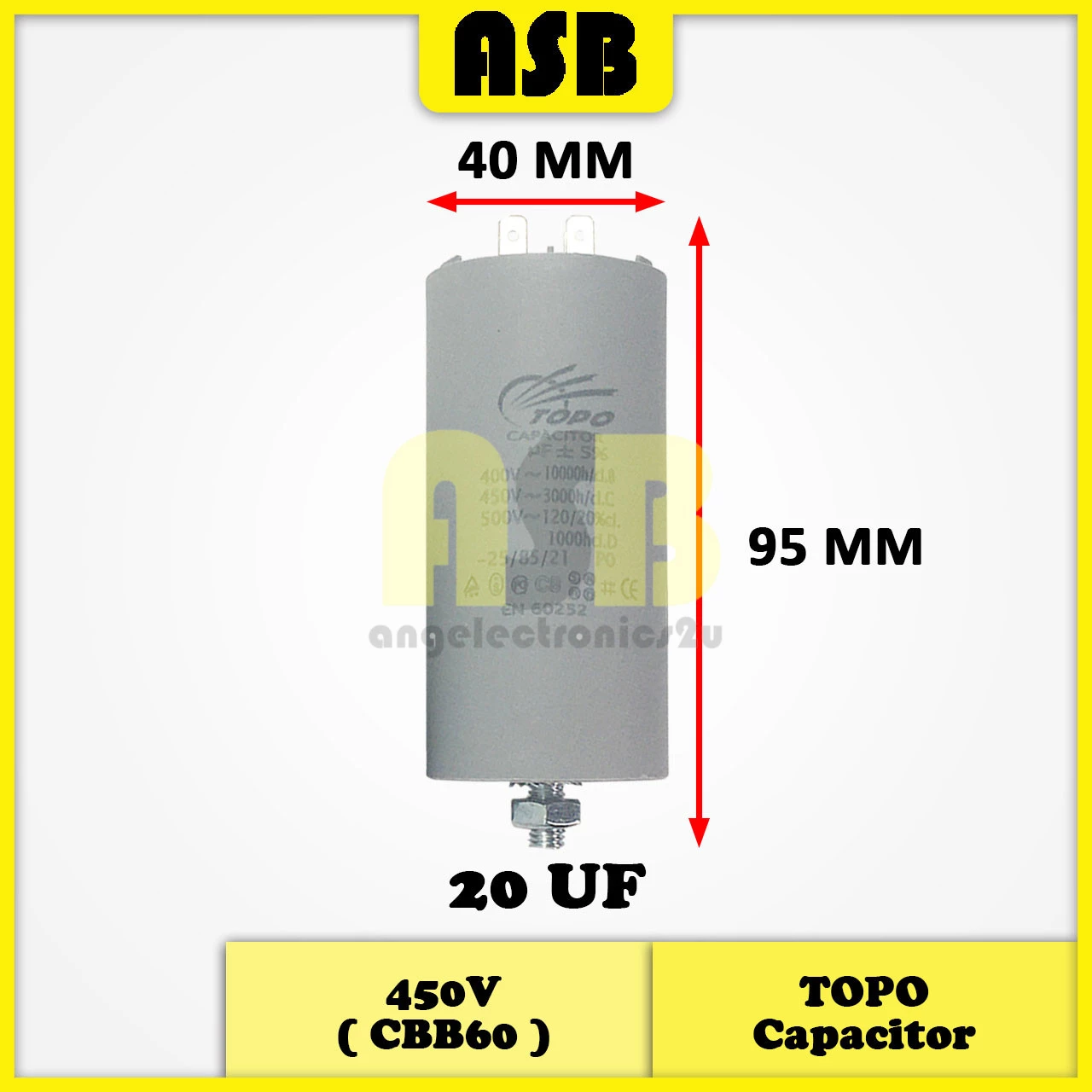 (1pc) TOPO Capacitor 450V ( CBB60 ) ( 20UF , 25UF , 30UF , 40UF , 45UF , 50UF , 55UF , 60UF )