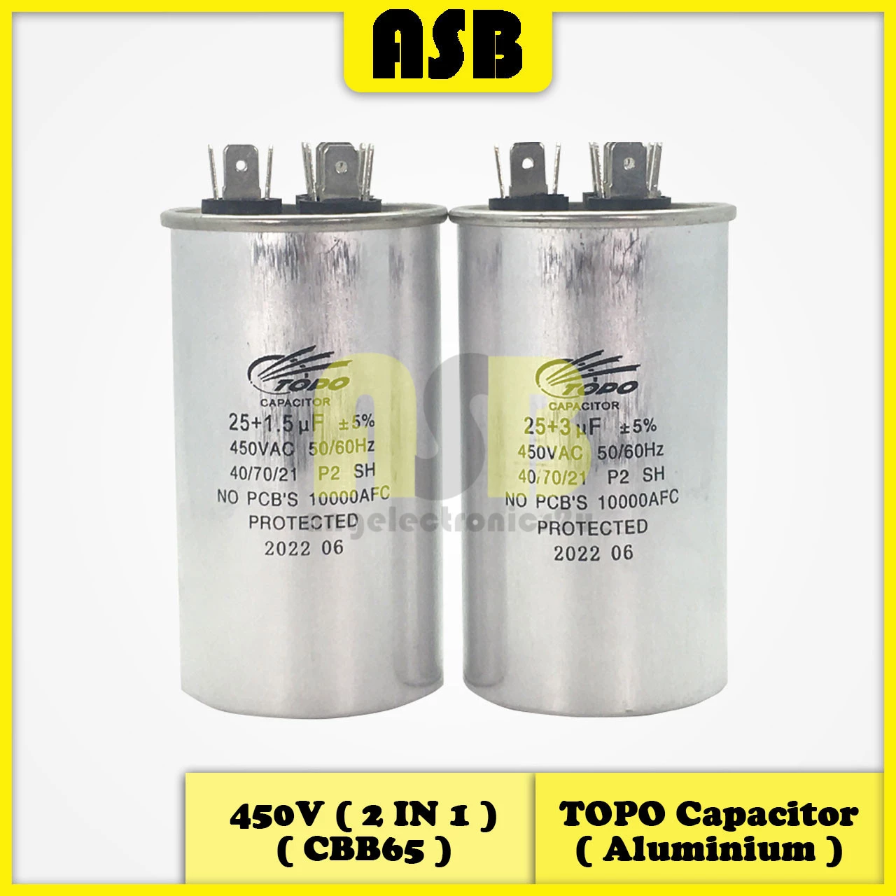 (1pc) TOPO Capacitor 450V ( Aluminium ) ( CBB65 ) ( 2 In 1 ) ( 25+1.5 UF , 25+3 UF )