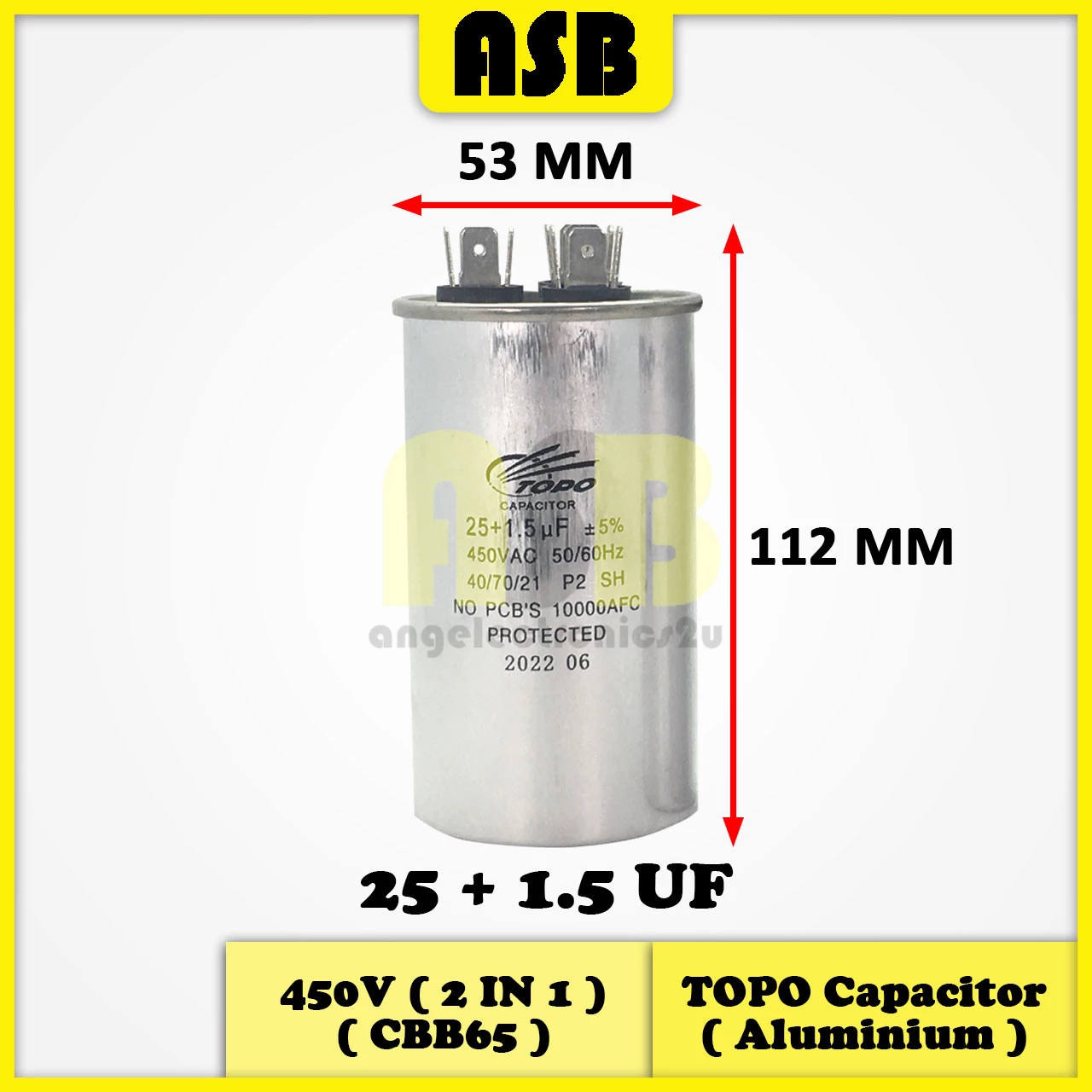 (1pc) TOPO Capacitor 450V ( Aluminium ) ( CBB65 ) ( 2 In 1 ) ( 25+1.5 UF , 25+3 UF )