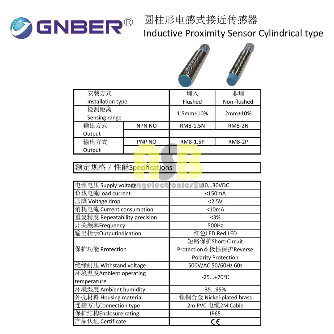 (1pc) GNBER ( M8 ) Inductive Proximity Sensor Cylindrical Type ( DC 10V - 30V ) ( 3 Wire )