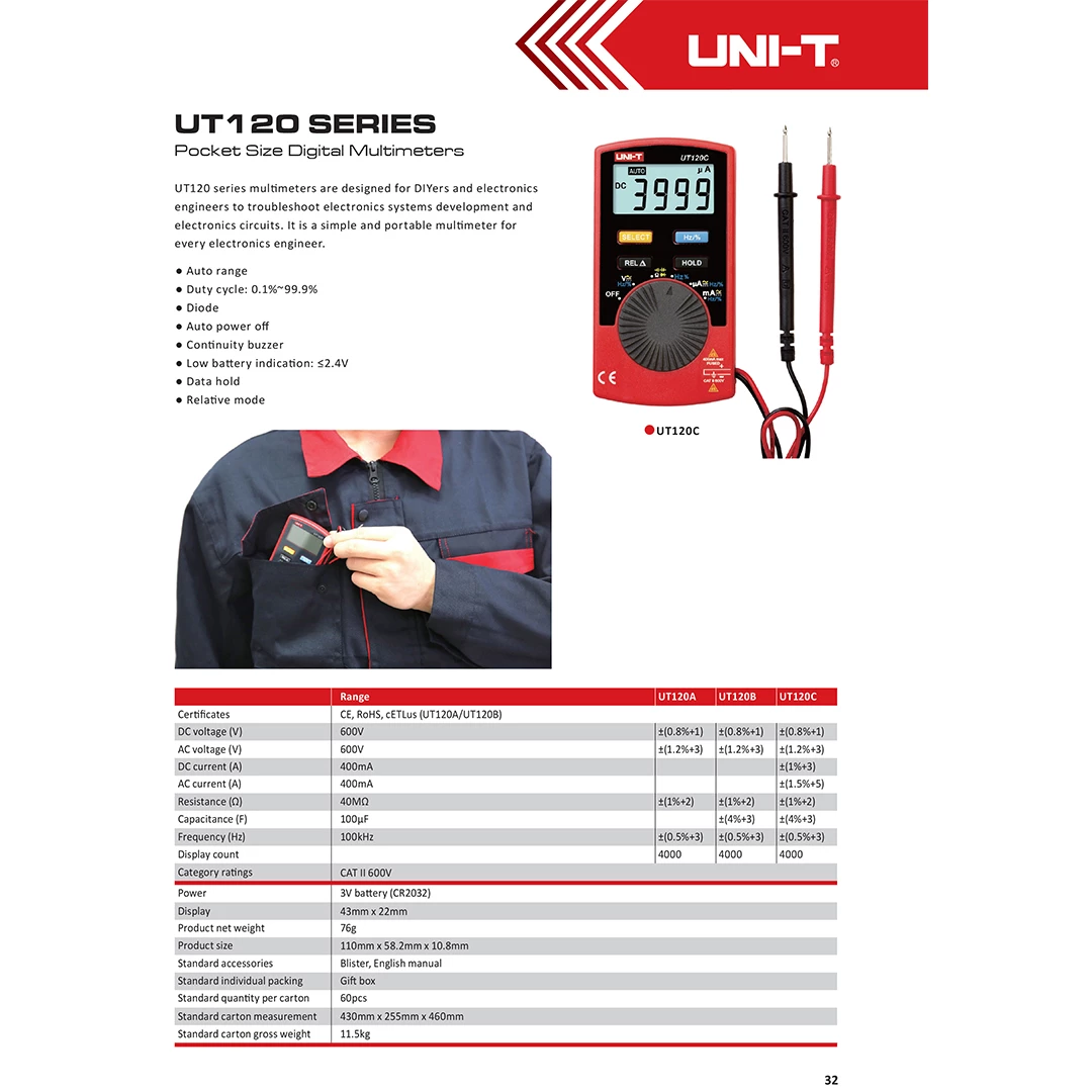 (1pc) Uni-T UT 120 Series Pocket Size Digital Multimeter ( UT 120A / UT 120B / UT 120C )