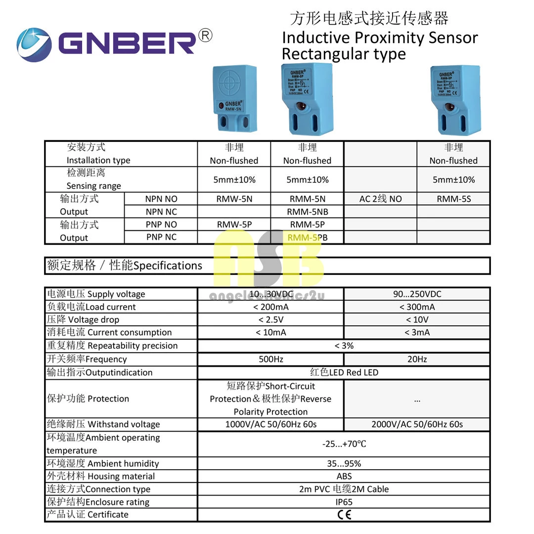 (1pc) GNBER ( RMW / RMM ) Inductive Proximity Sensor Rectangular Type ( DC 10V - 30V ) ( 2 Wire / 3 Wire )