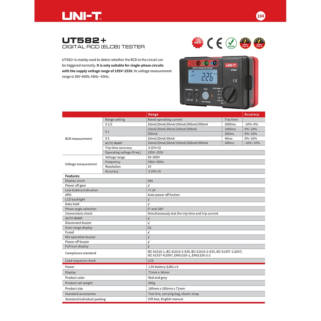 (1pc) Uni-T UT 582+ Digital RCD ( ELCB ) Tester / Penguji RCD Digital ( 362002152 )