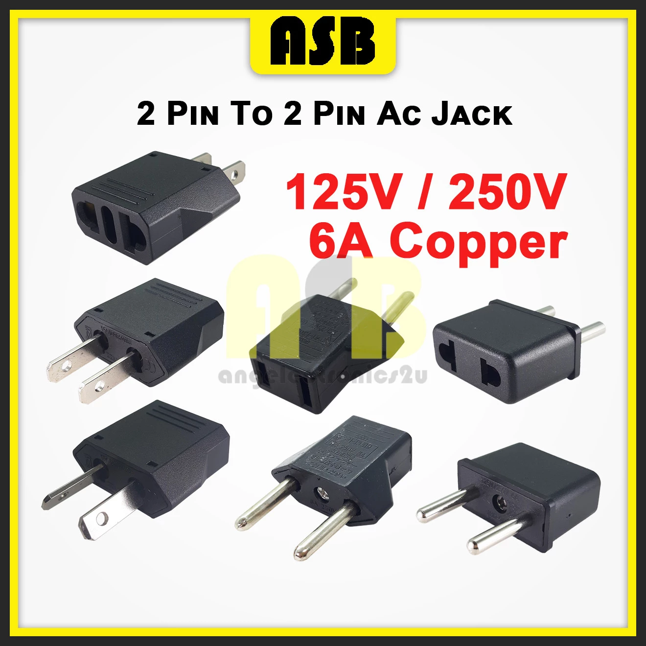 (1pc) 2 Pin To 2 Pin AC Jack Plug Converter Travel Adapter (6A) Adaptor (Copper)