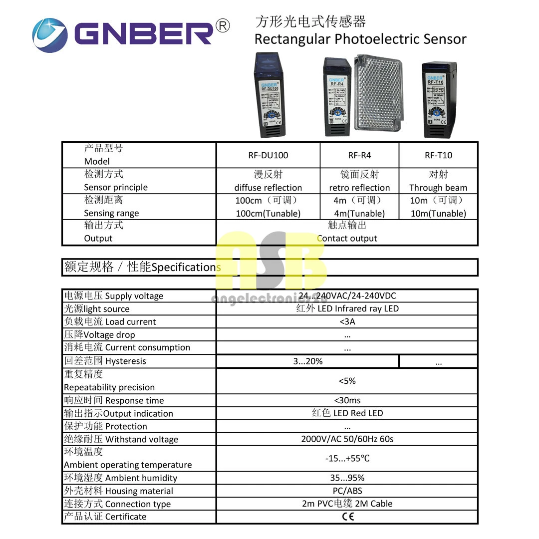 (1pc) GNBER ( RF ) Rectangular Photoelectric Sensor ( 24 - 240 V AC / 24 - 240 V DC ) ( 5 Wire )