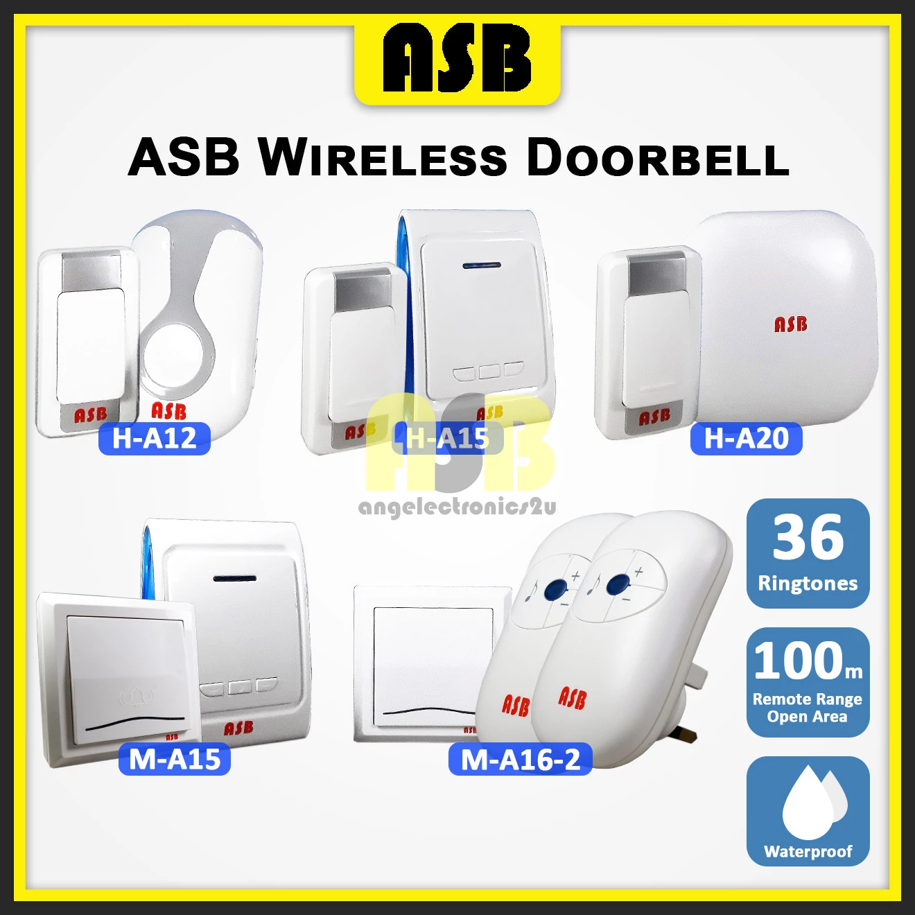 (1pc) ASB Wireless Door Bell Waterproof UK 3 Pin Plug 36 Ringtones 100M Range Home Remote Doorbell Loceng Pintu Rumah 門鈴