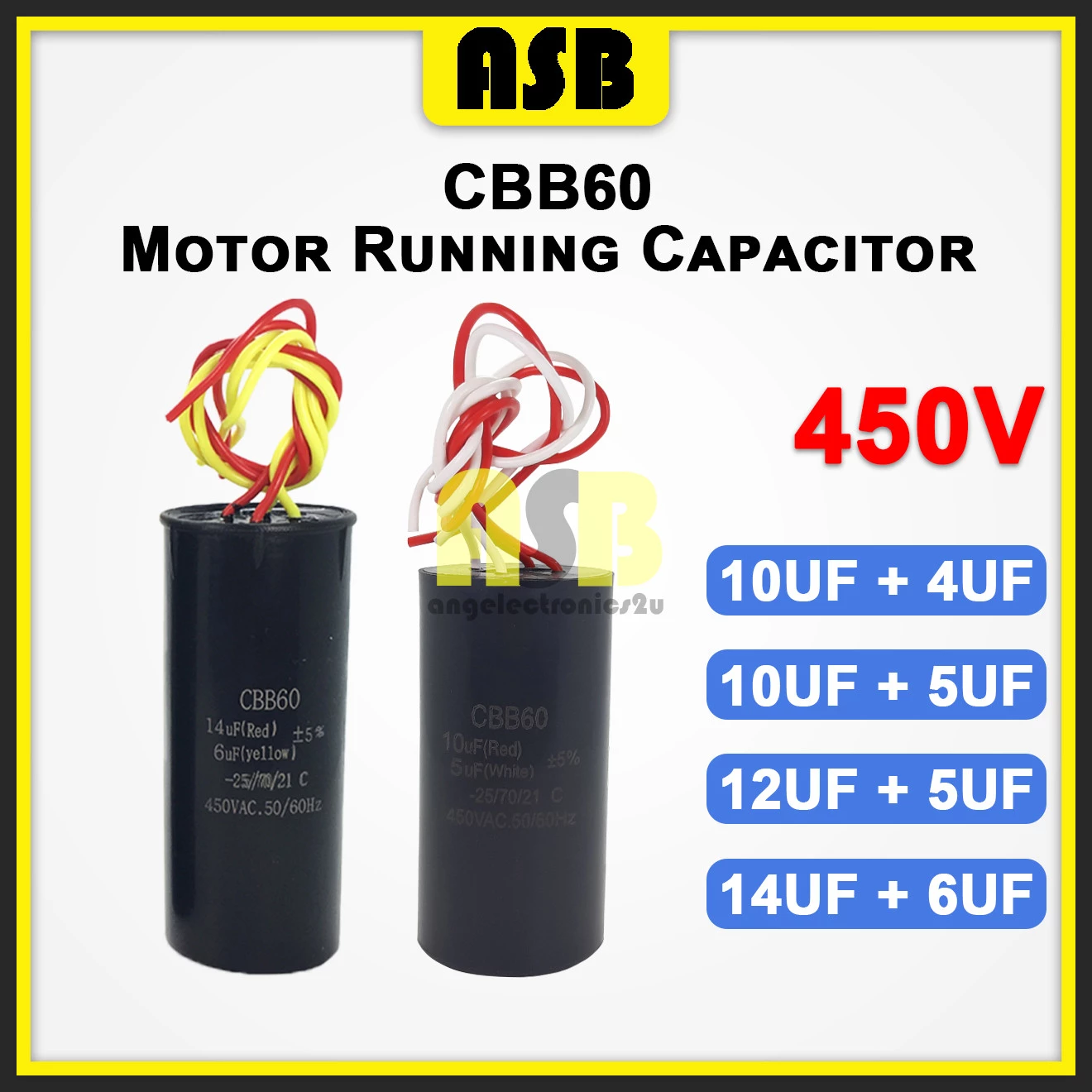 (1pc) CBB60 Capacitor 450V ( 10 UF + 4 UF / 12 UF + 5 UF / 14 UF + 6 UF )