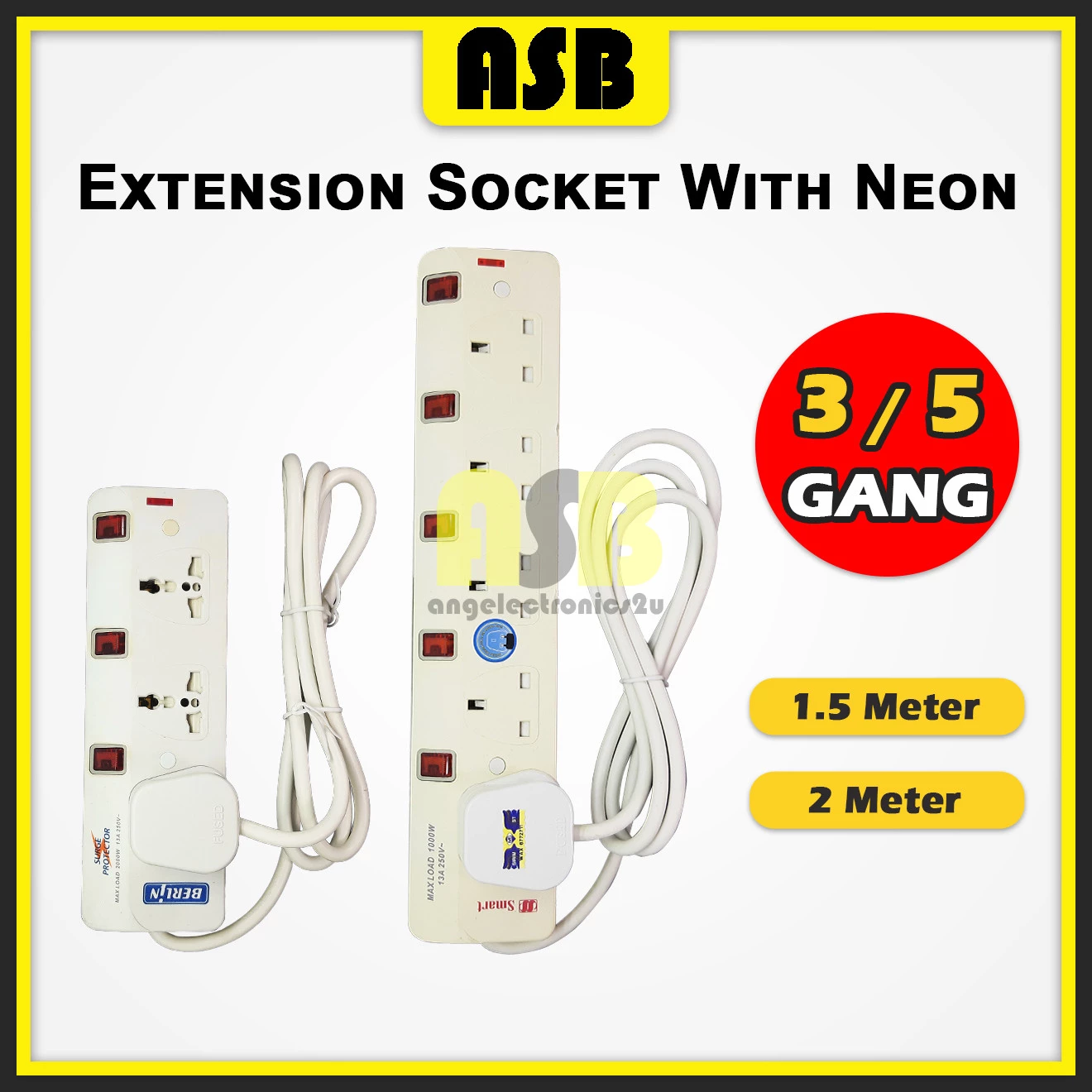 (1pc) [ Clearance Sale ] Berlin / Smart Extension Socket With Neon ( 3 Gang / 5 Gang ) ( 1.5 Meter / 2 Meter )