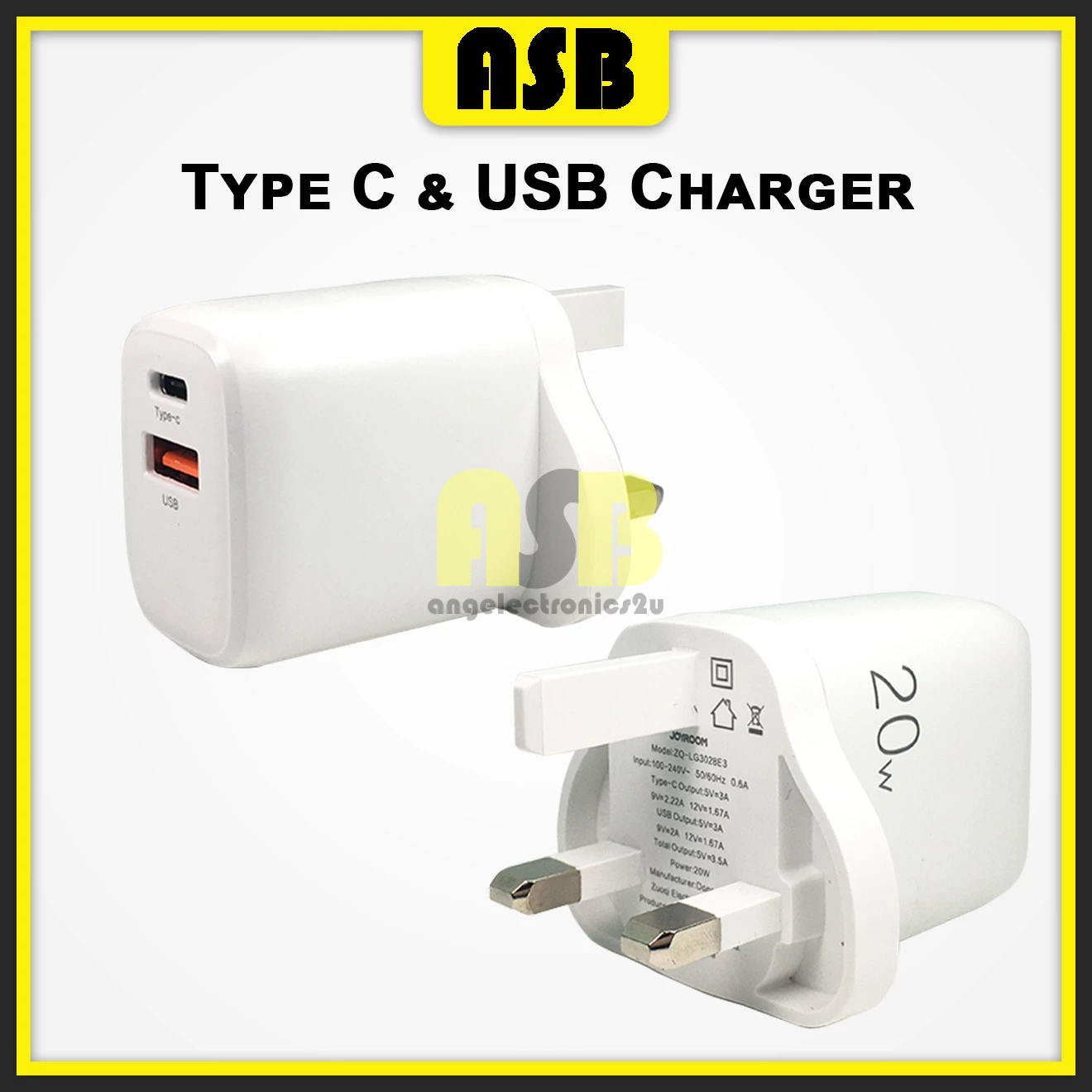 (1pc) Type C & USB Charger Adapter 20W UK 3 Pin Plug DC 5V 3A Kepala Charger 充电头