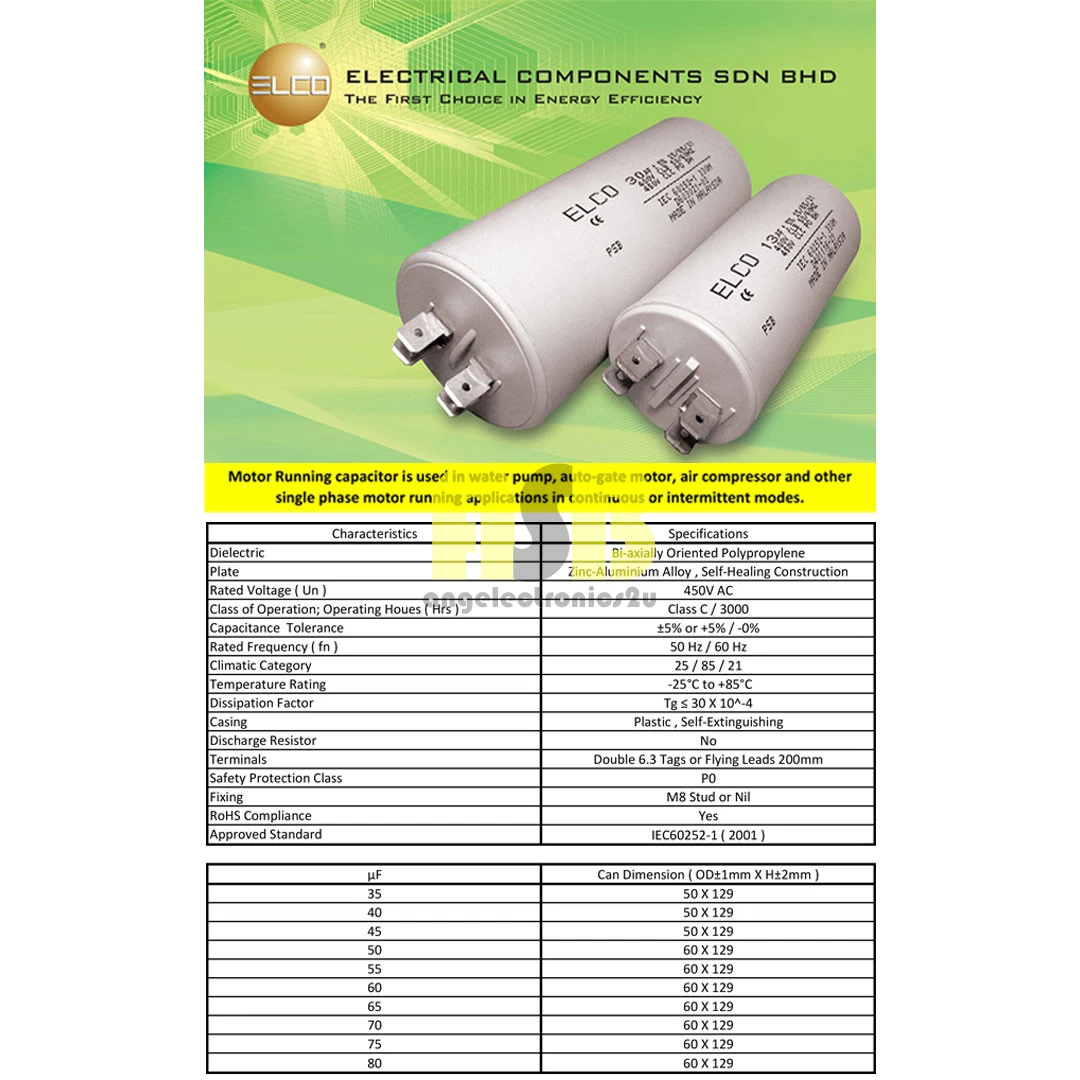 ELCO 35 / 40 / 45 / 50 / 55 / 60 / 65 / 70 / 75 / 80 UF Motor Running Capacitor 450V