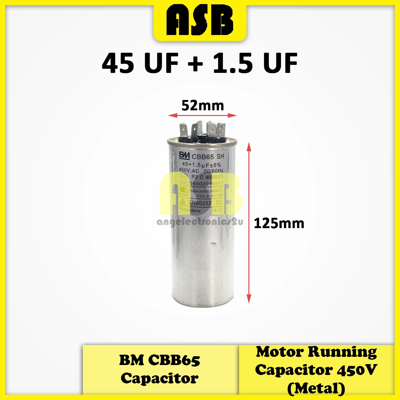 (1pc) BM CBB65 Capacitor 450V ( Metal ) ( 45 UF + 1.5 UF / 45 UF + 5 UF / 50 UF + 2 UF / 50 UF + 5 UF / 60 UF + 5 UF )